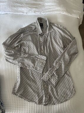 Boss Men's Geometric Print Dress Shirt - White and Black with tan details